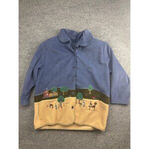 Karen Scott Fleece Jacket Womens Large Blue Button Front Embroidered Applique